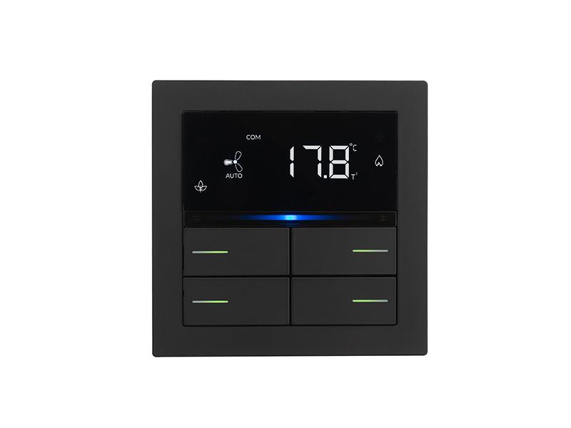 Termostat KNX negru cu display LCD si 4 butoane pentru control temperatura si iluminat