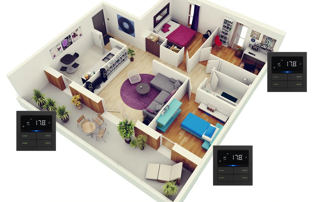 Plan apartament 3 camere cu 3 termostate KNX pentru incalzire zonata